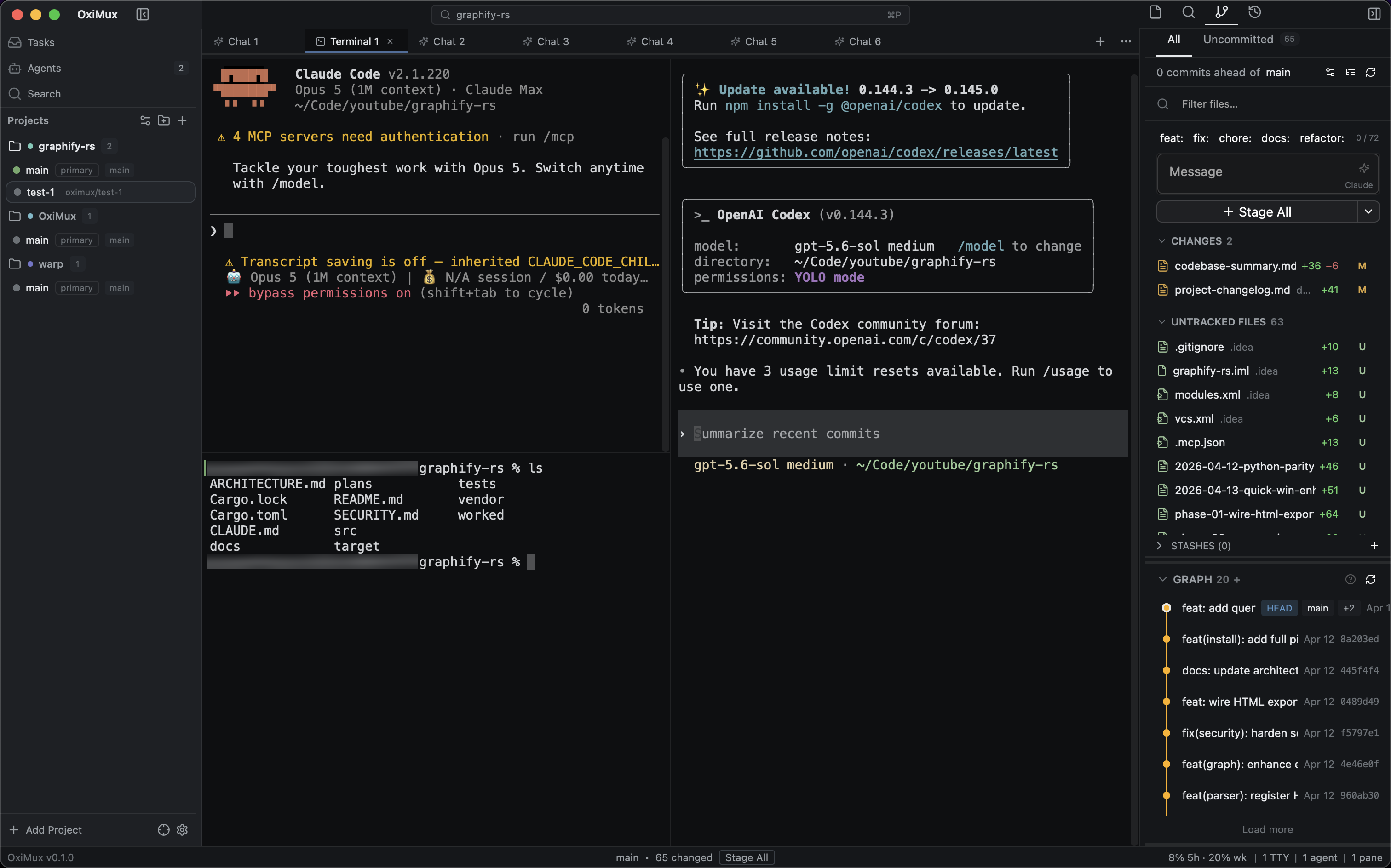 Claude Code and Codex running side by side in an isolated worktree, with the Git panel tracking changes