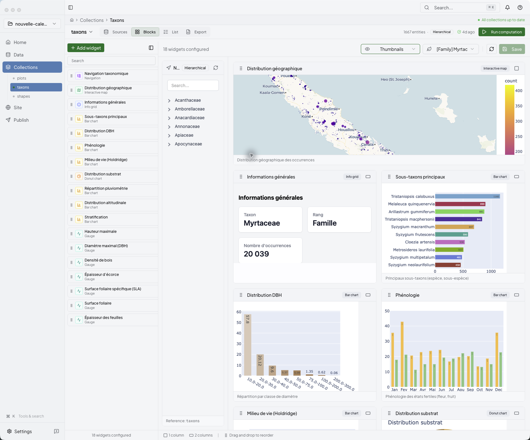 Niamoto Collections view computing statistics and widgets in the desktop app