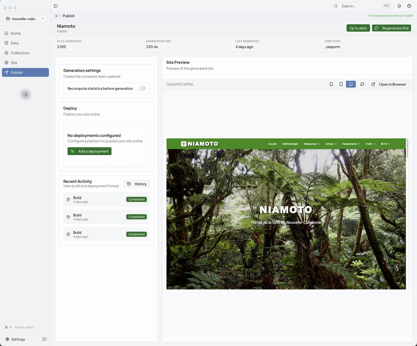 Niamoto publish screen previewing generated site output