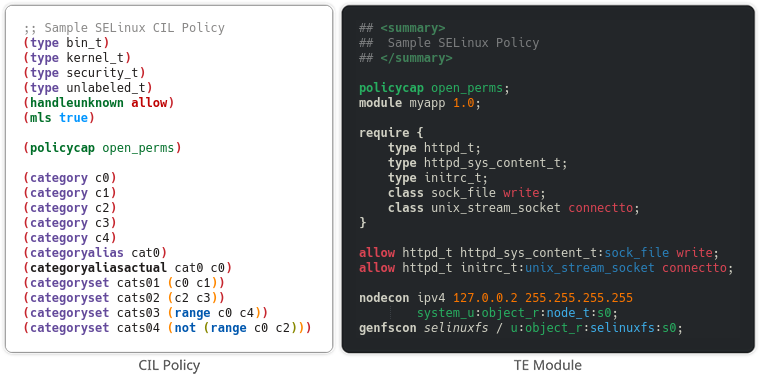 Example of SELinux policies (CIL policy & TE module) syntax highlighting