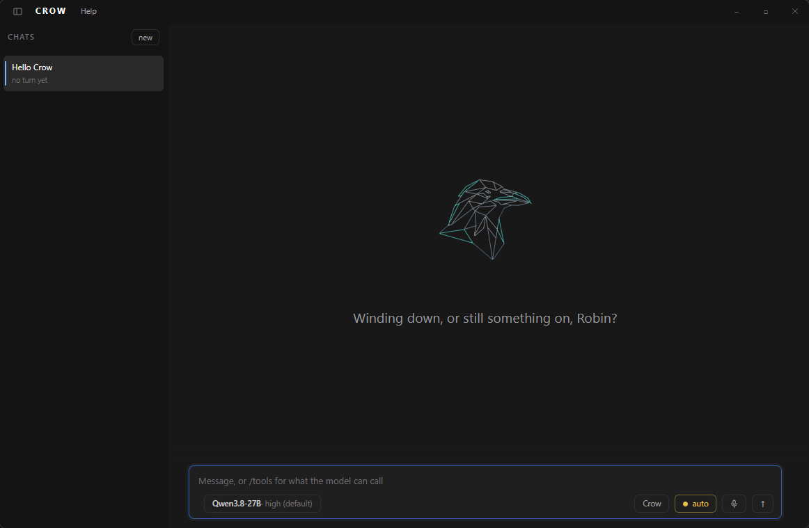 Crow window: chat rail, the wireframe over an empty chat, and the composer