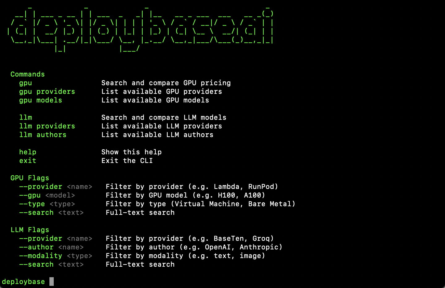 deploybase-cli의 도움말 화면 스크린샷이다.
