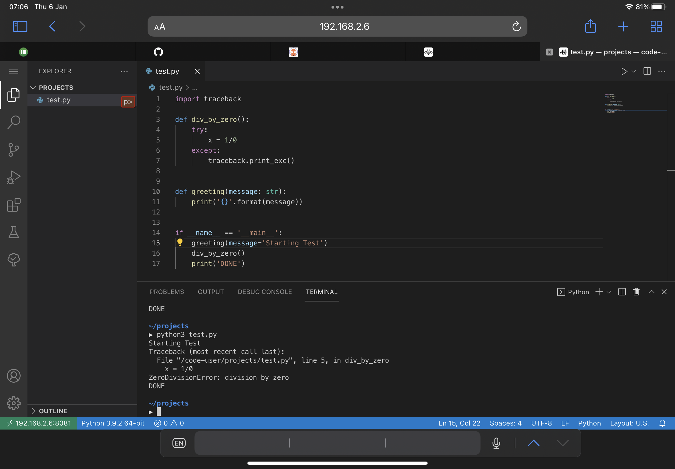 VS Code Server running in a web browser