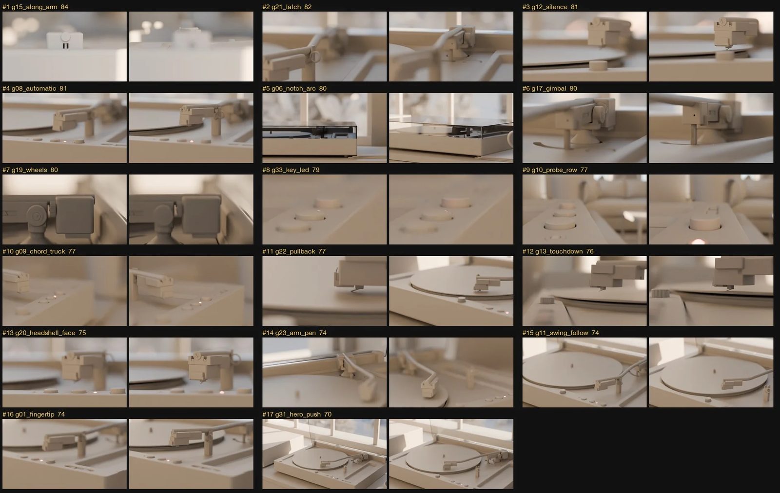 A grid of clay renders: the grey-box composition lock-in.