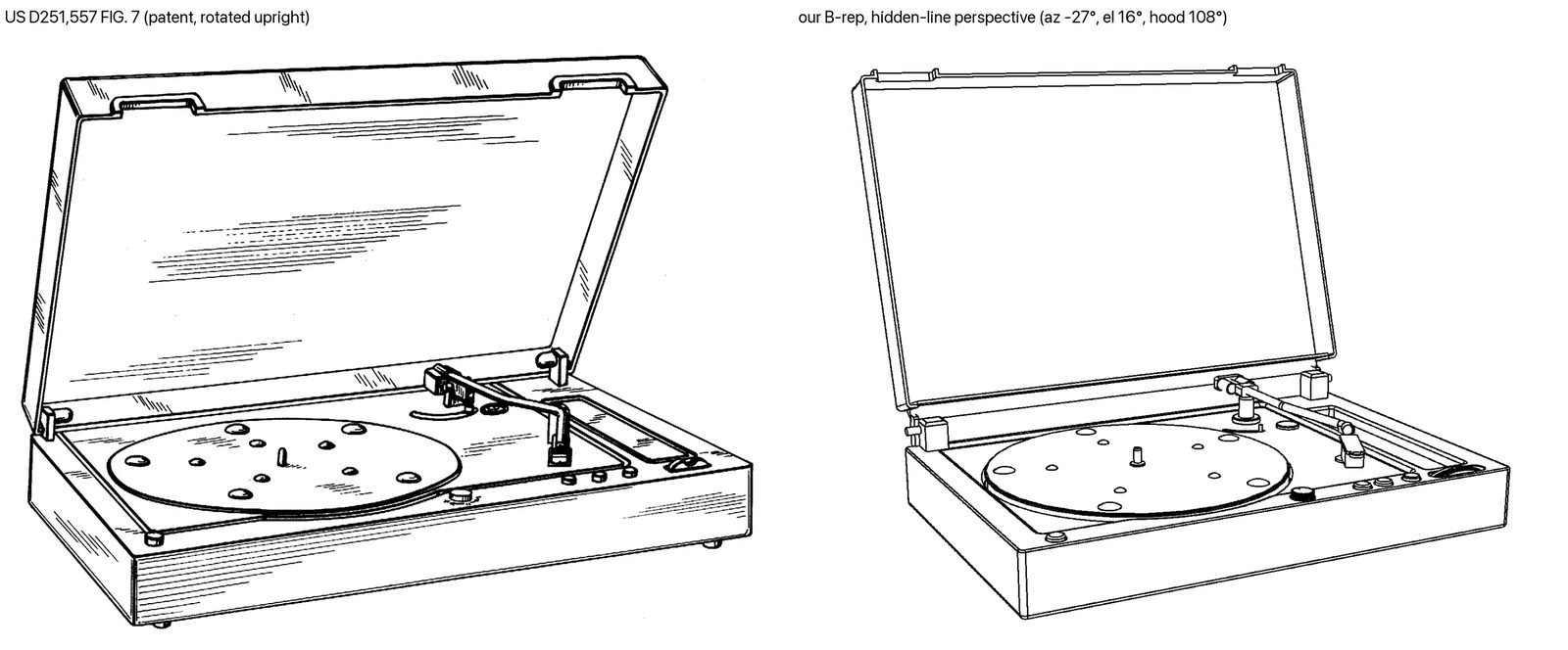 The patent's perspective drawing beside the model drawn the same way.