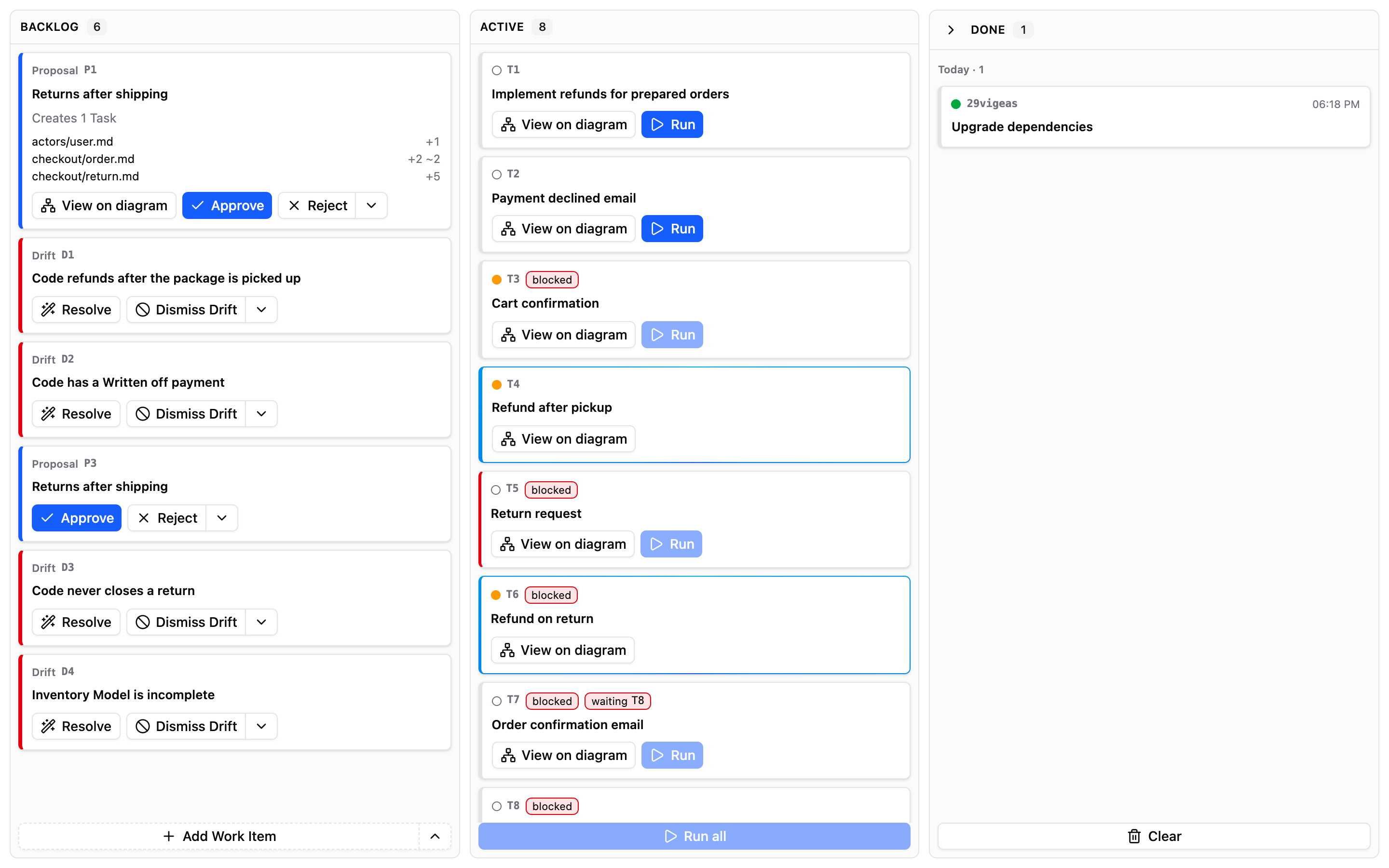 The Trama Board in VS Code, with the Backlog, the active Tasks and the Add Work Item button