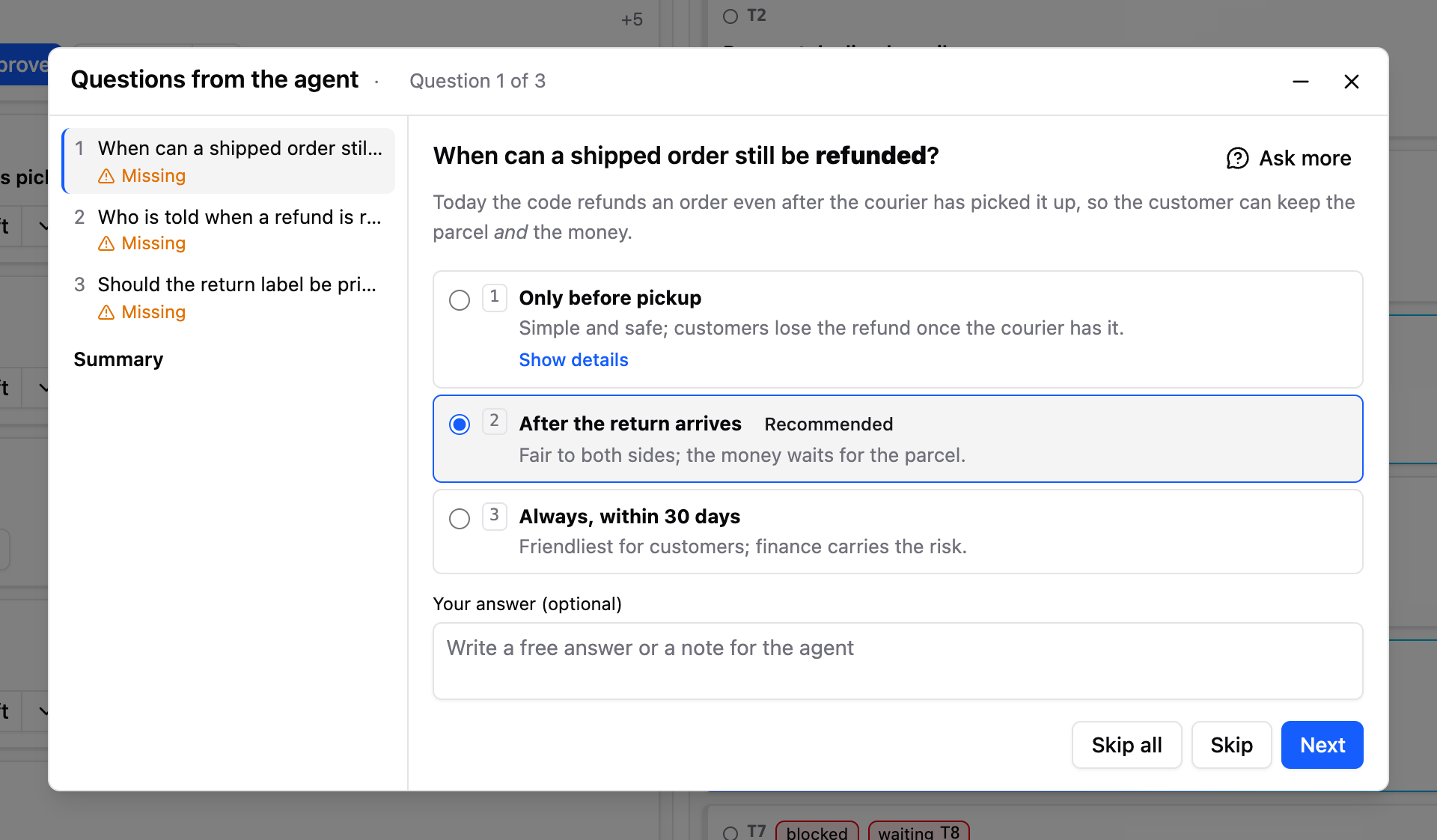 The Questions from the agent dialog: three options for one question, the recommended one selected