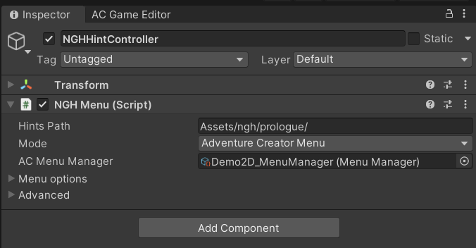 AC Menu Manager attached to the NGHMEnu component ><