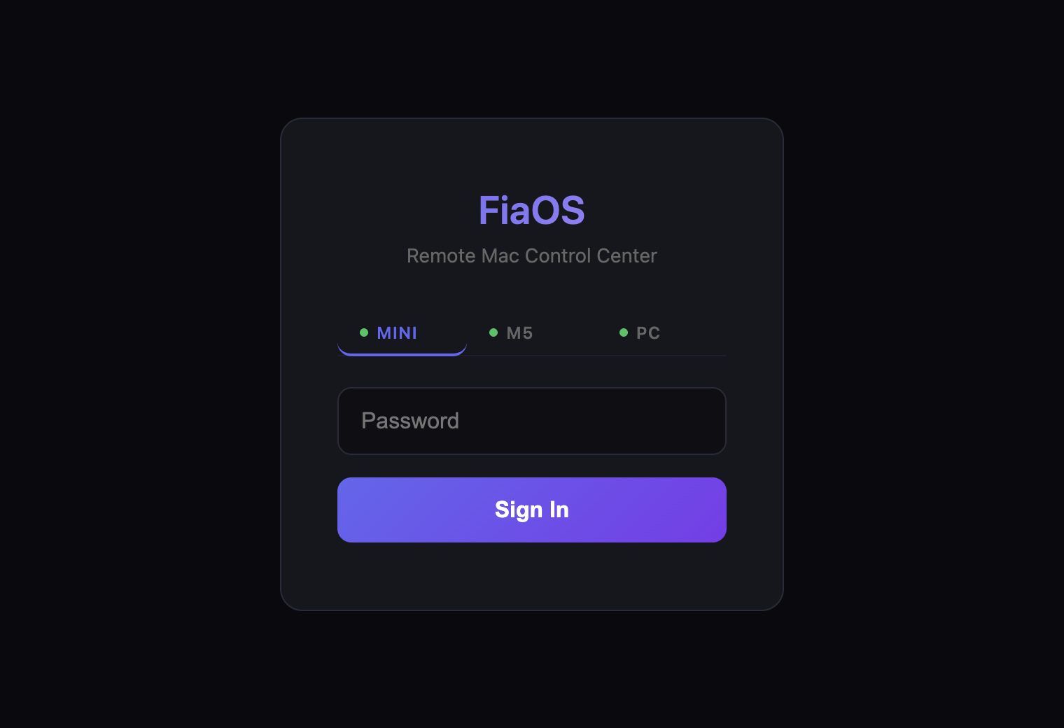 FiaOS login page with MINI, M5 and PC tabs, each showing a live green status dot