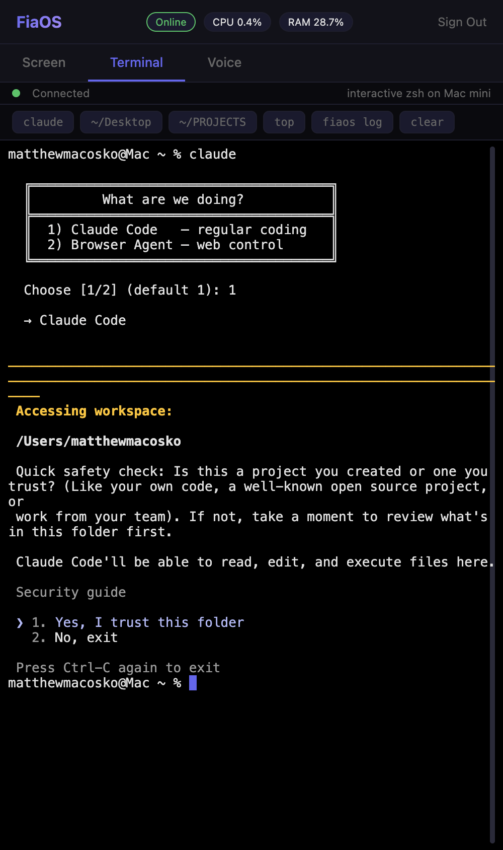 FiaOS running on iPhone — the Terminal tab in a phone-sized layout