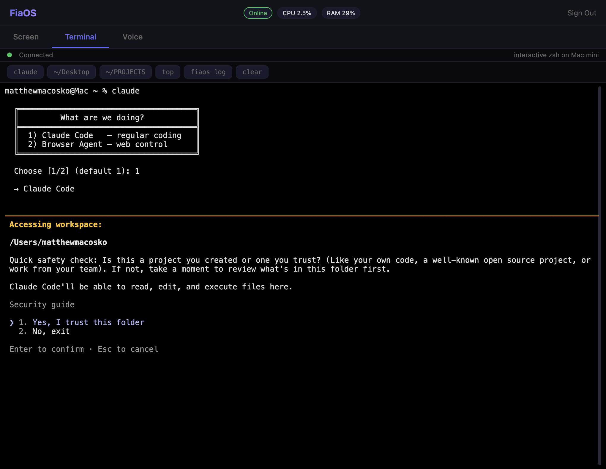 Terminal tab — Claude Code running through the FiaOS interactive PTY shell