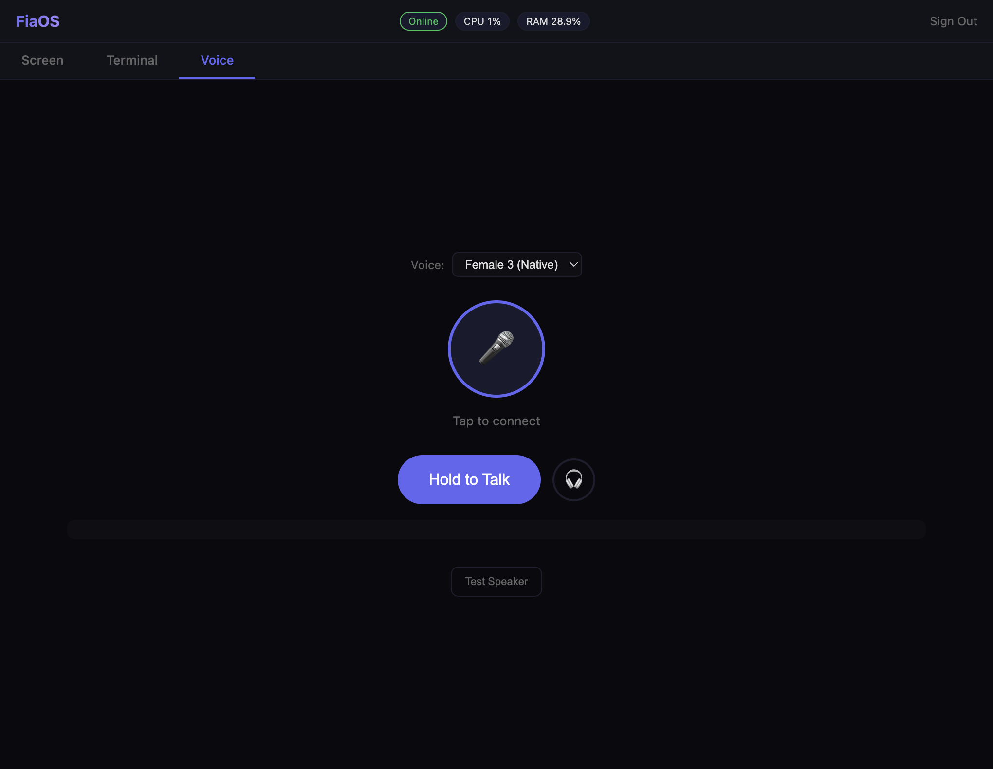 Voice tab — push-to-talk to a local on-device voice agent