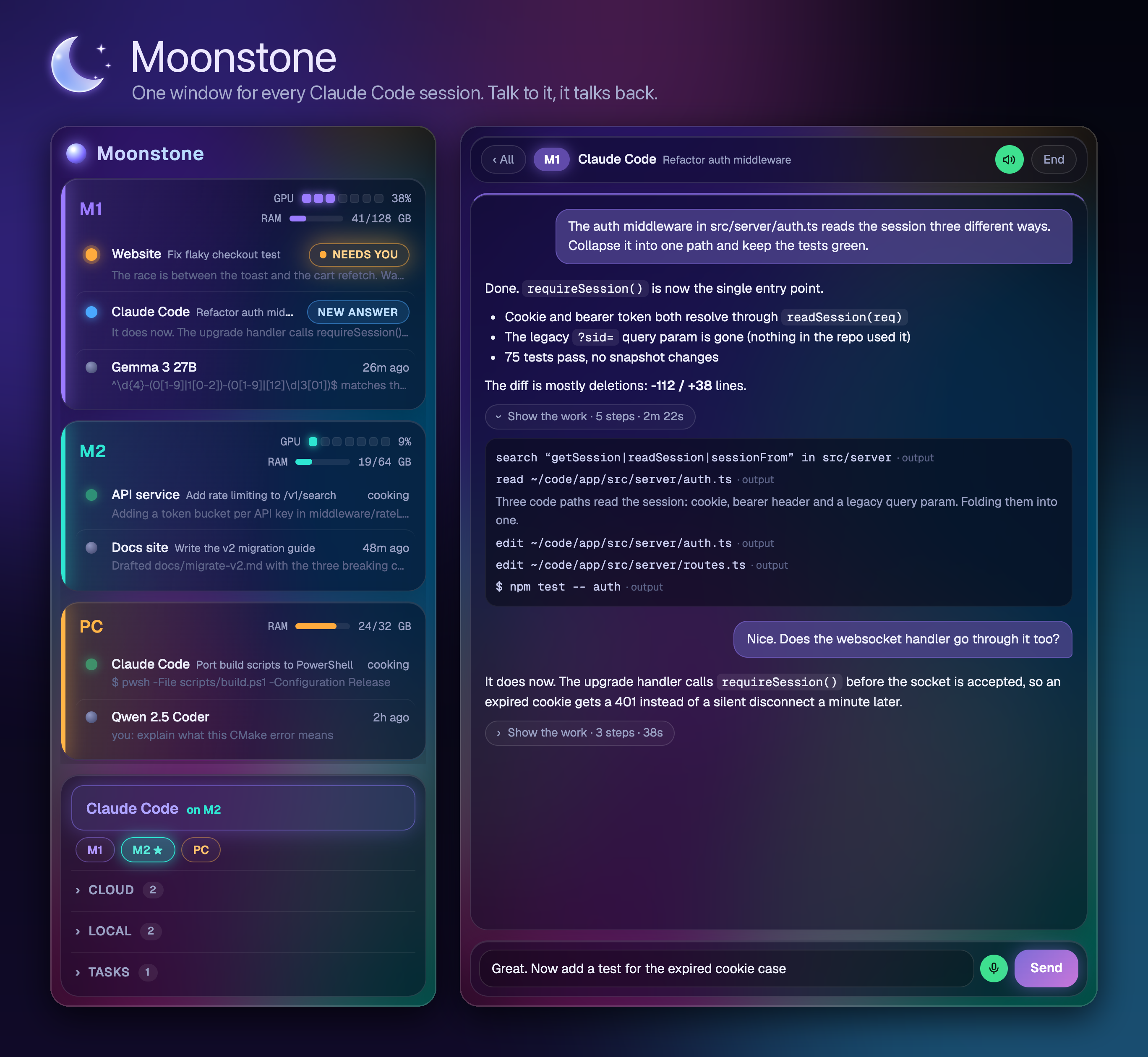 Moonstone: the session list across three machines next to an open conversation