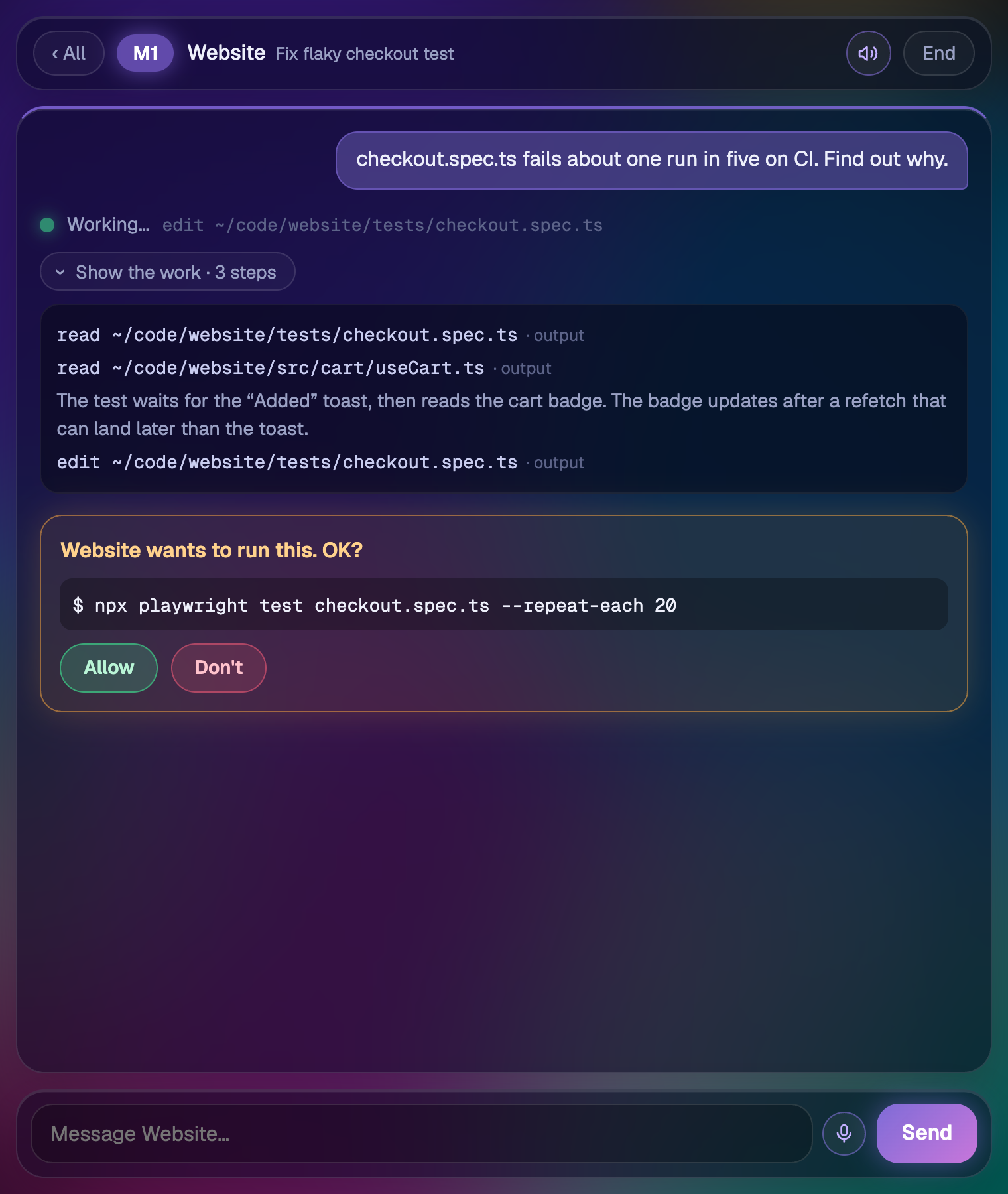 A session asking permission to run a command, with Allow and Don't buttons
