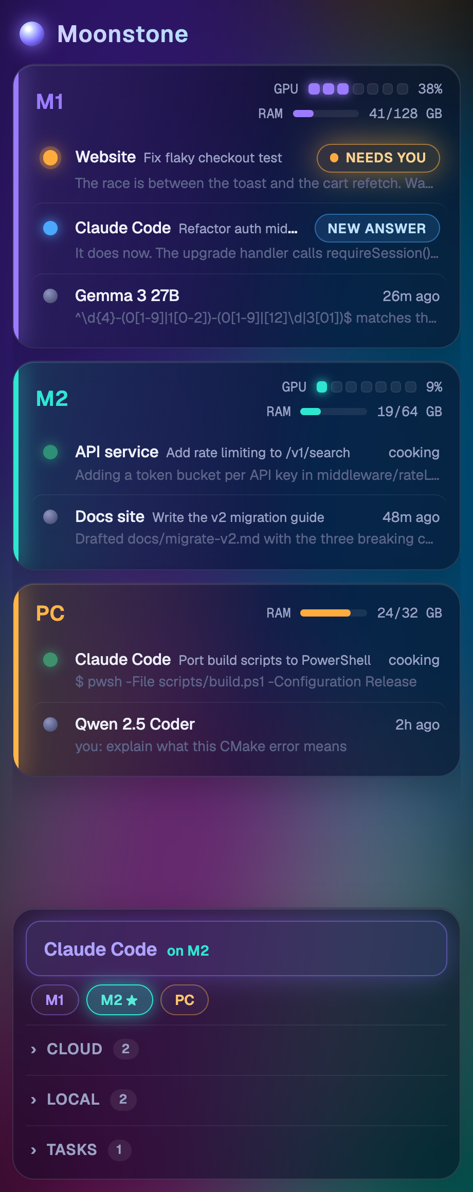 Session list grouped by machine with GPU and RAM gauges