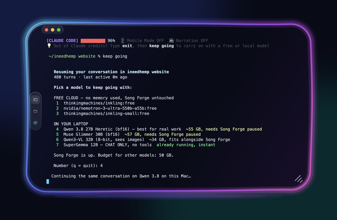 The keep going menu: free cloud and local models to continue a Claude conversation