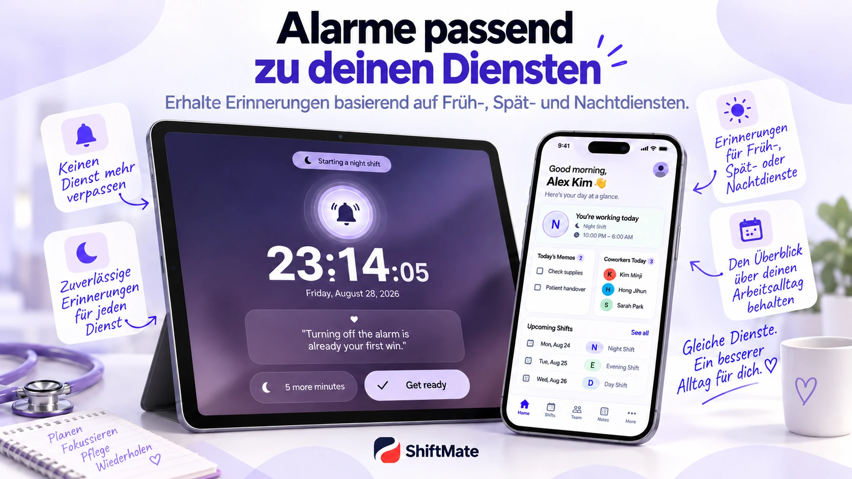 ShiftMate-Werbegrafik mit Dienstalarm und aktuellem Dienst