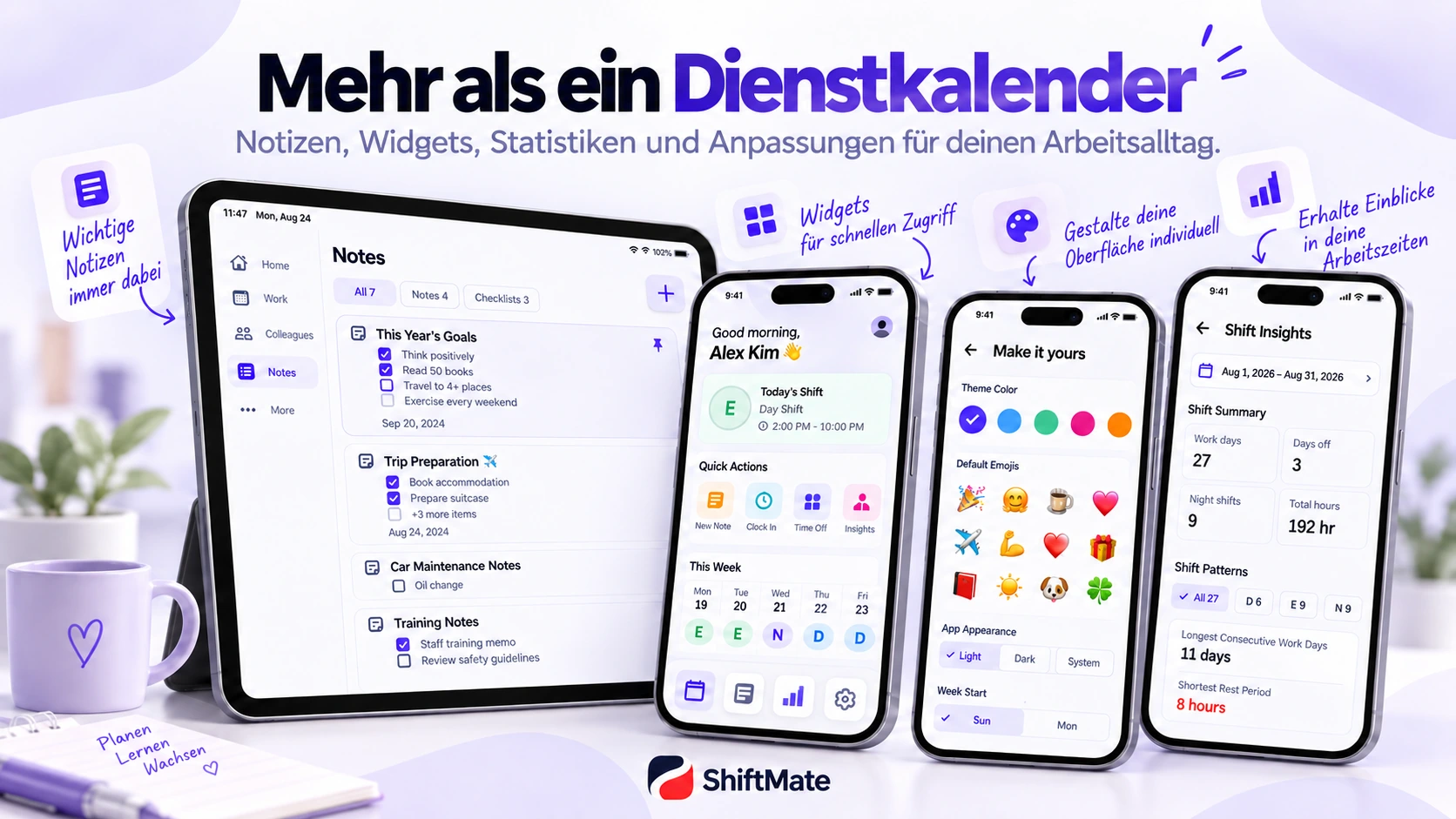 Notizen, Anpassungen und Dienststatistiken in ShiftMate