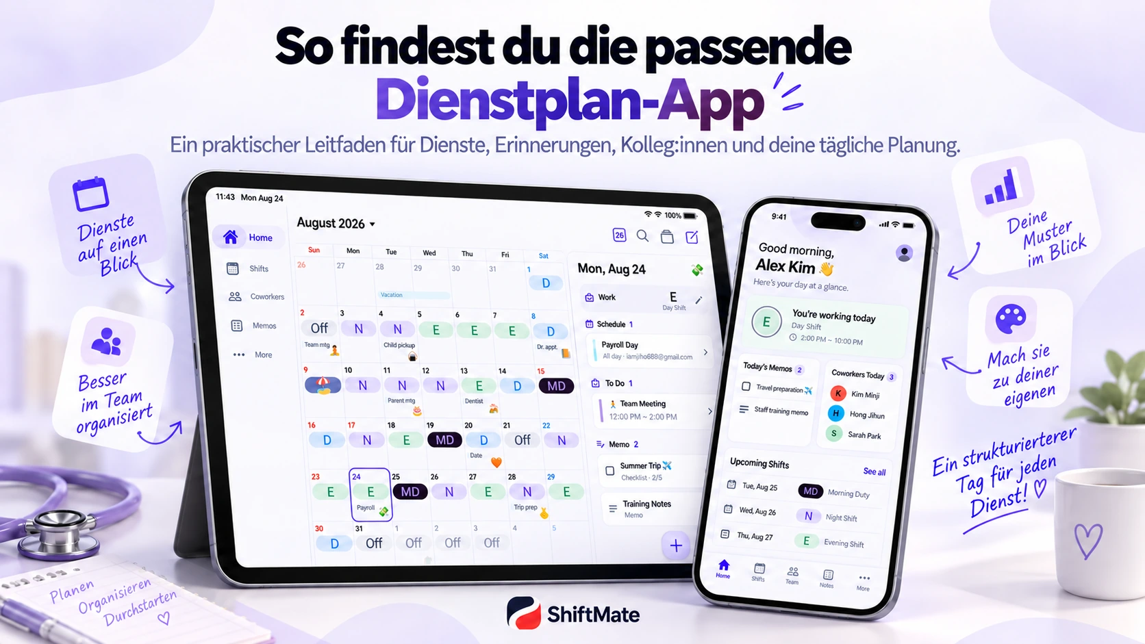 ShiftMate-Werbegrafik mit Monatskalender für Dienste und private Termine