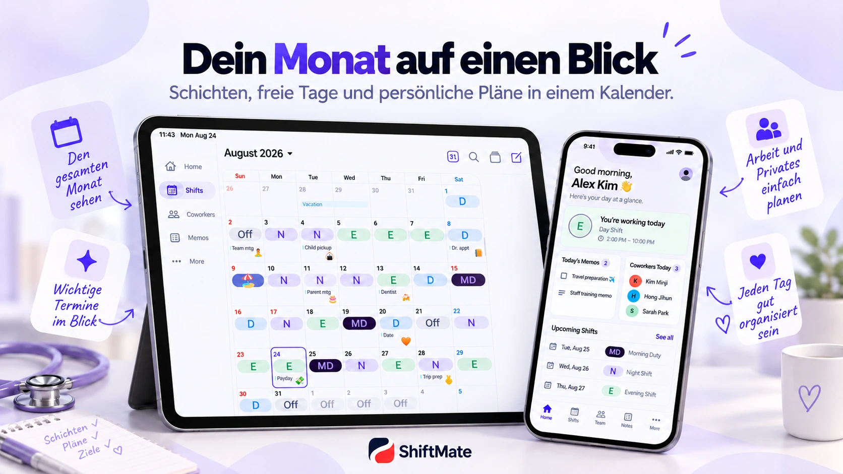 Monatskalender mit Day, Evening, Night, Off und privaten Terminen