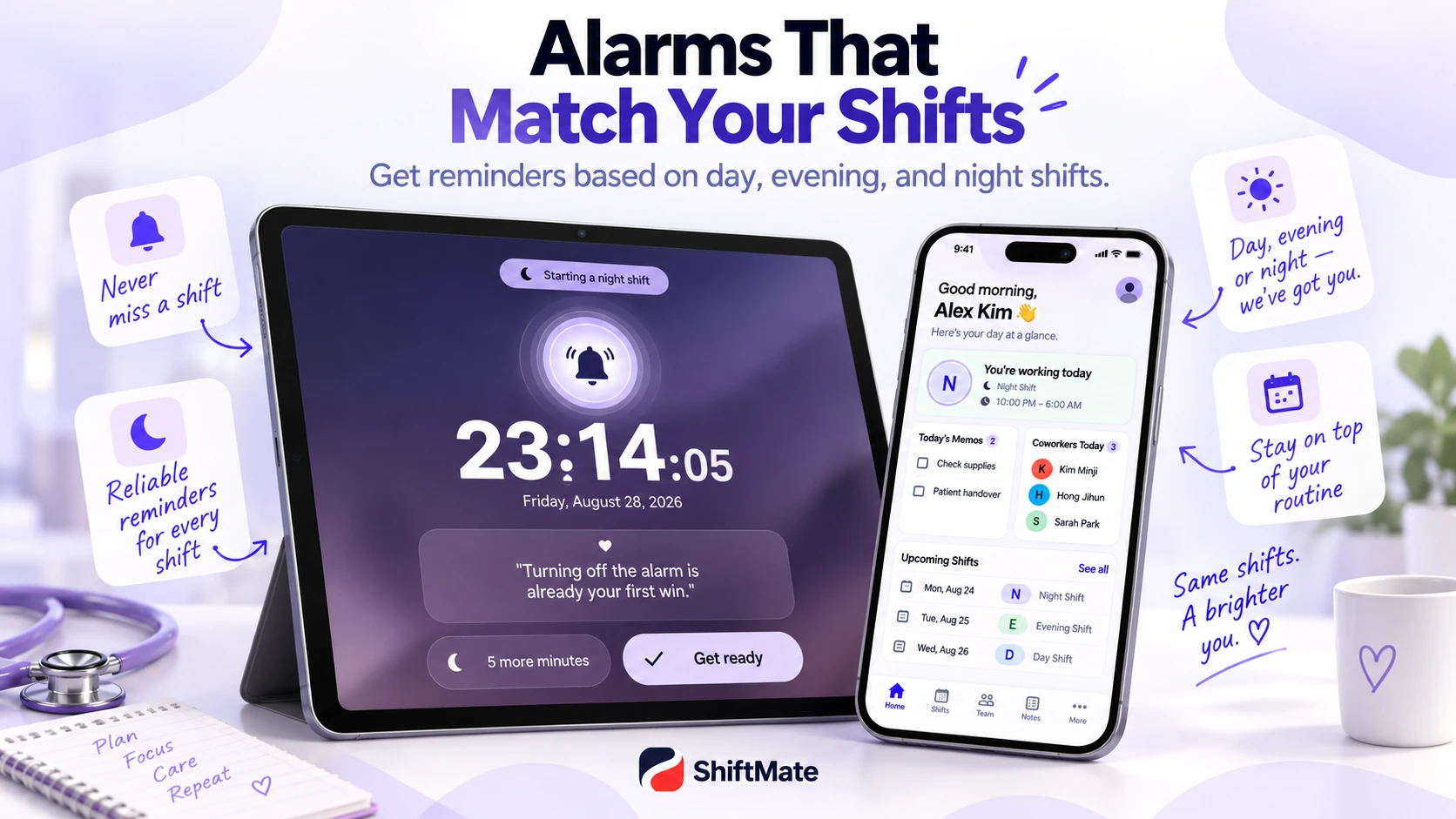 ShiftMate promotional illustration of a shift alarm and daily shift information