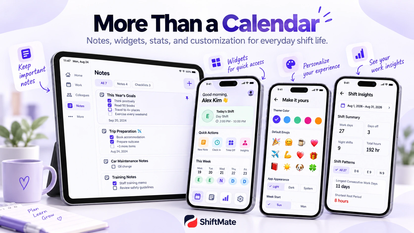 ShiftMate notes, customization, and shift statistics