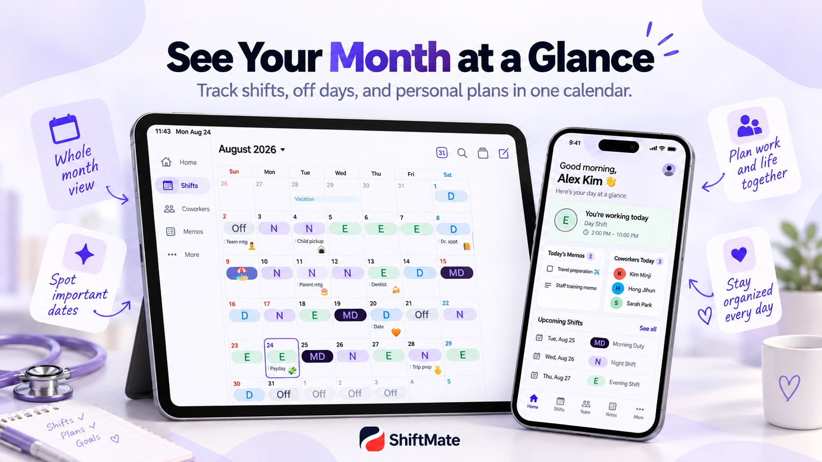 A monthly shift calendar showing Day, Evening, Night, Off, and personal plans