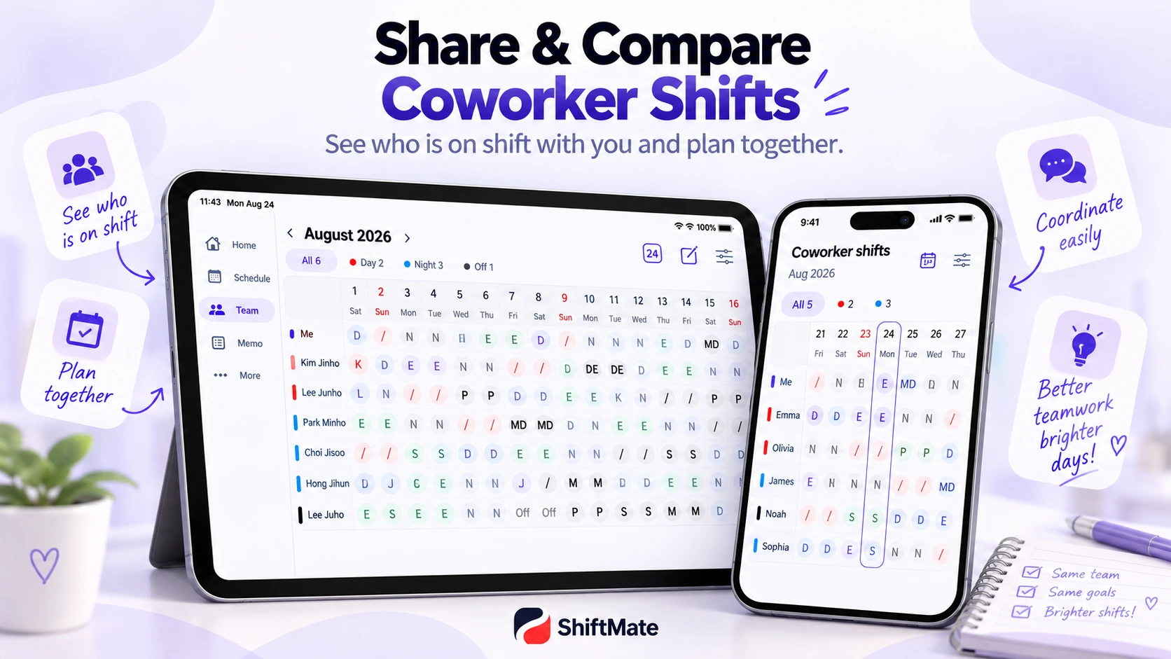ShiftMate promotional image comparing coworker shift schedules