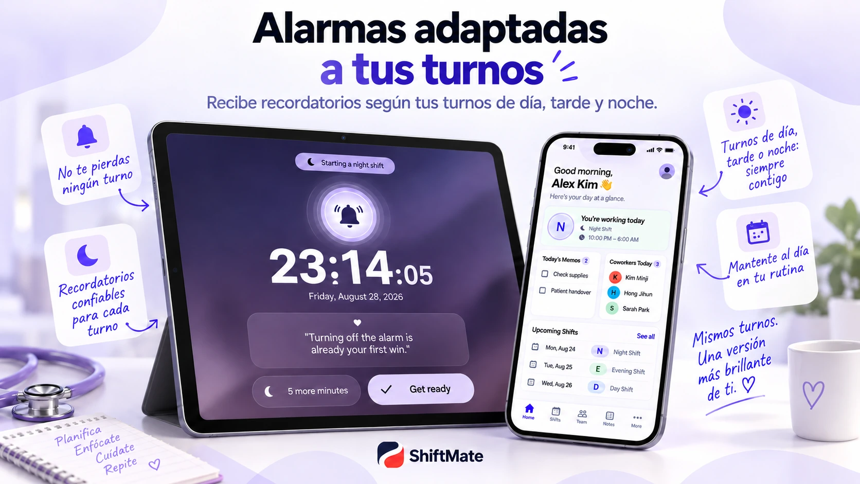Imagen promocional de ShiftMate con alarma y turno del día