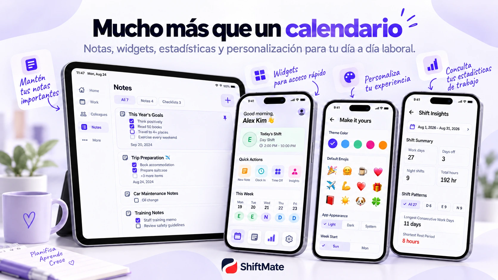 Notas, personalización y estadísticas de turnos de ShiftMate