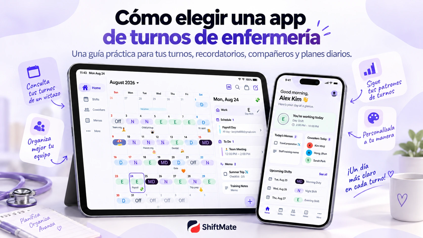 Imagen de ShiftMate con un calendario mensual de turnos y planes personales