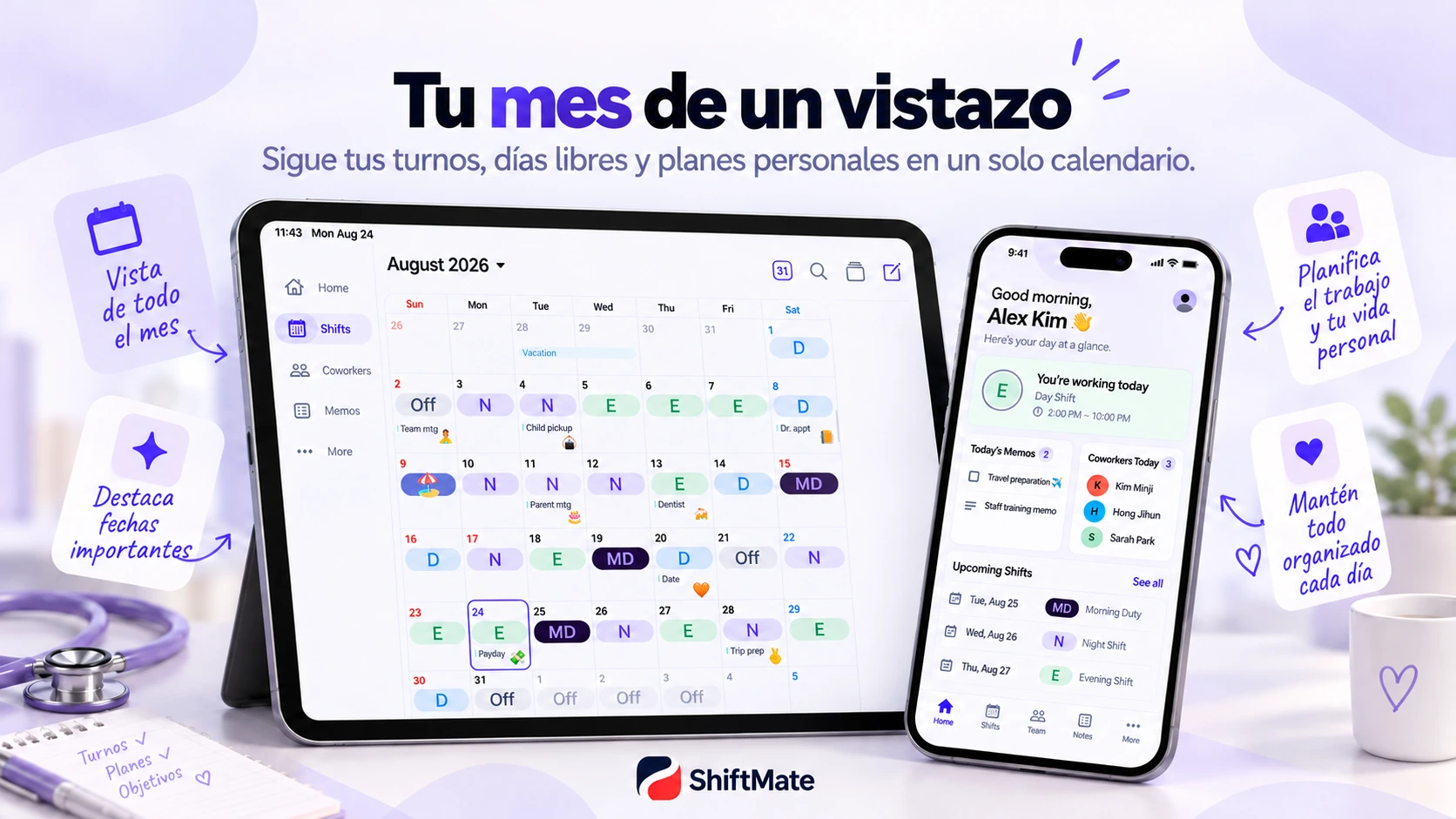 Calendario mensual con Day, Evening, Night, Off y planes personales
