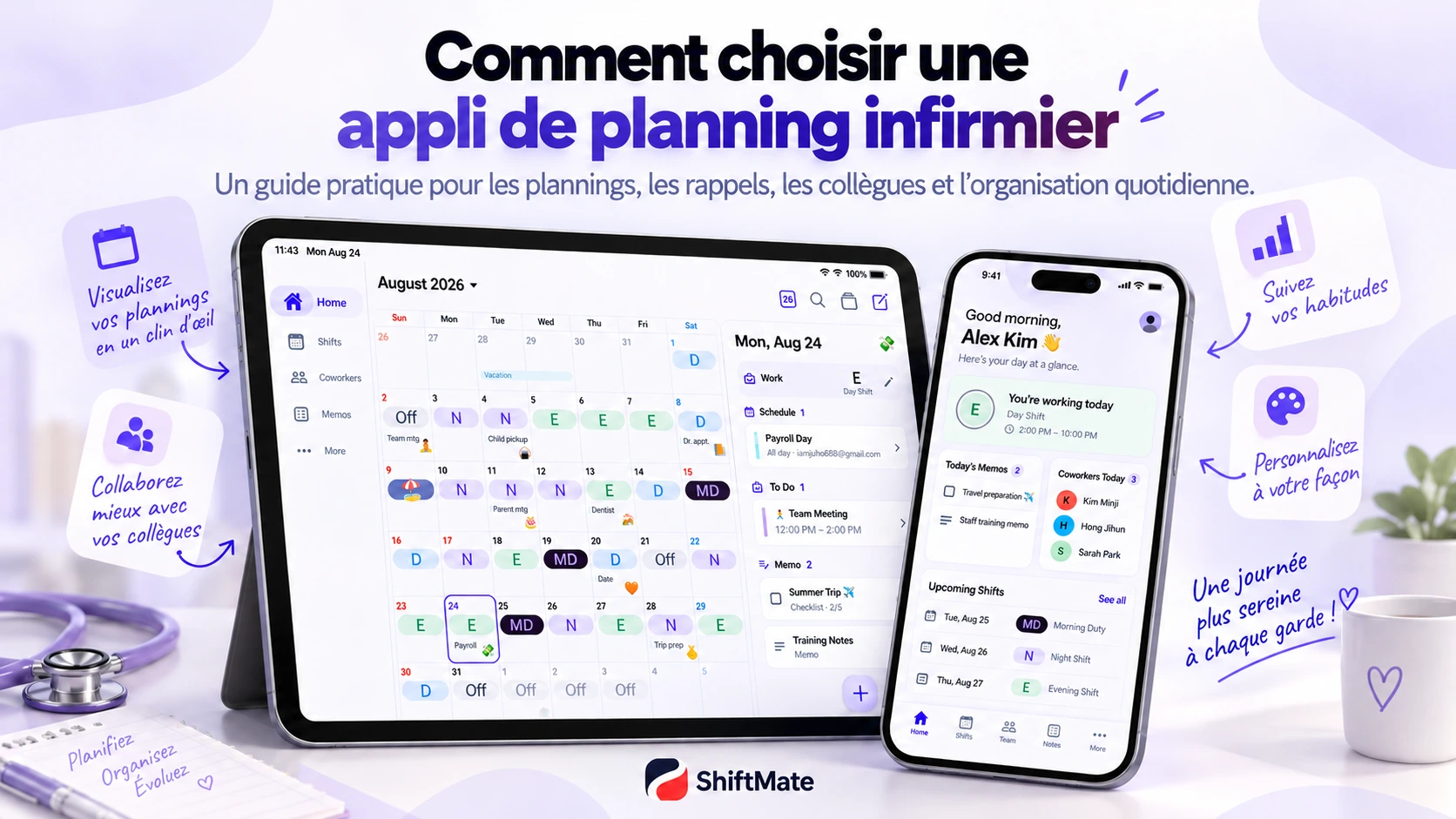 Visuel ShiftMate avec calendrier mensuel des postes et rendez-vous personnels