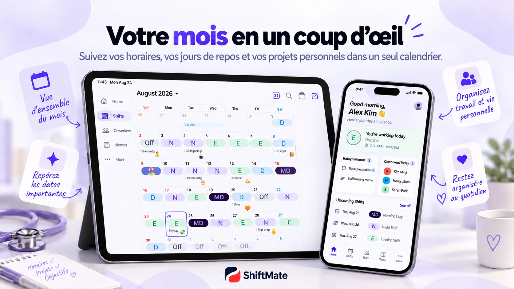 Planning mensuel avec Day, Evening, Night, Off et rendez-vous personnels