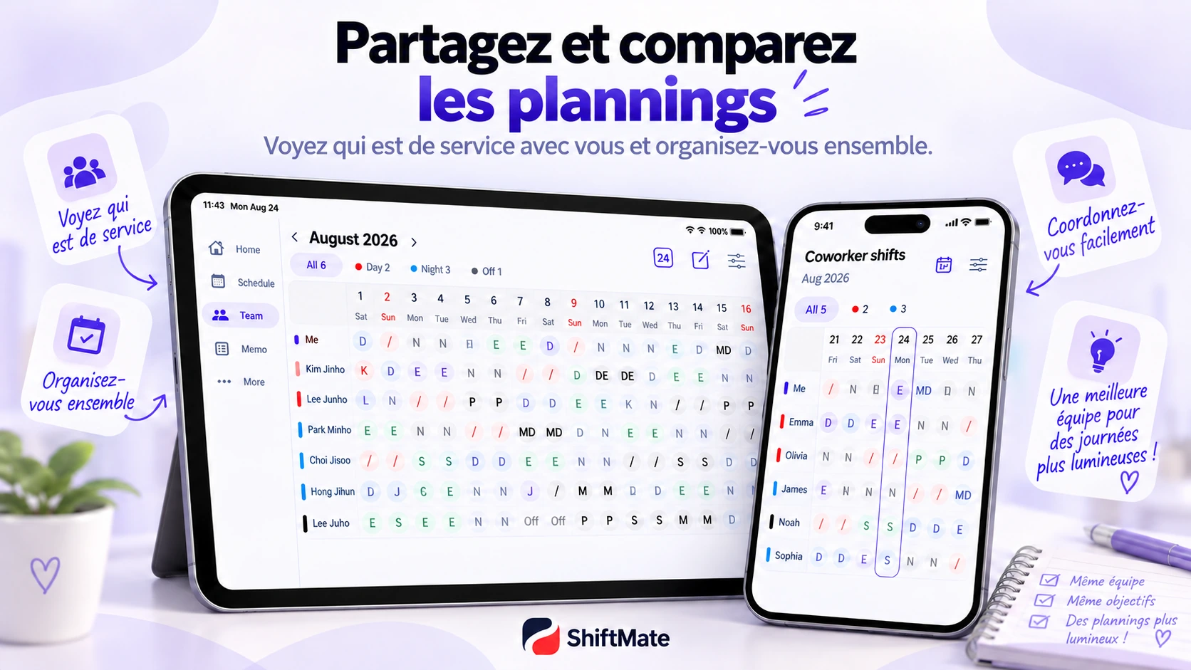 Visuel ShiftMate comparant les plannings des collègues
