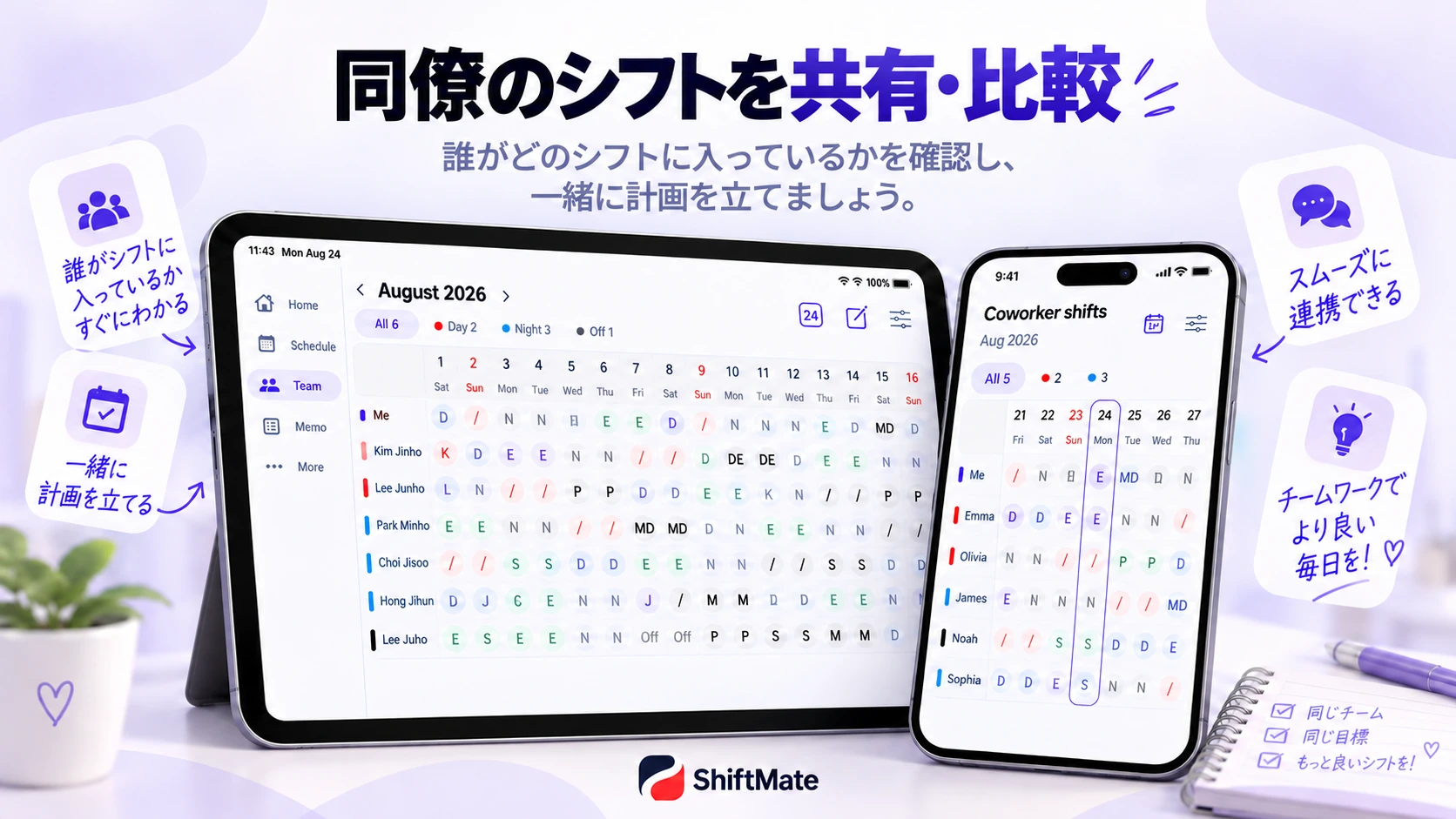 同僚の勤務表を比較するShiftMateの画像