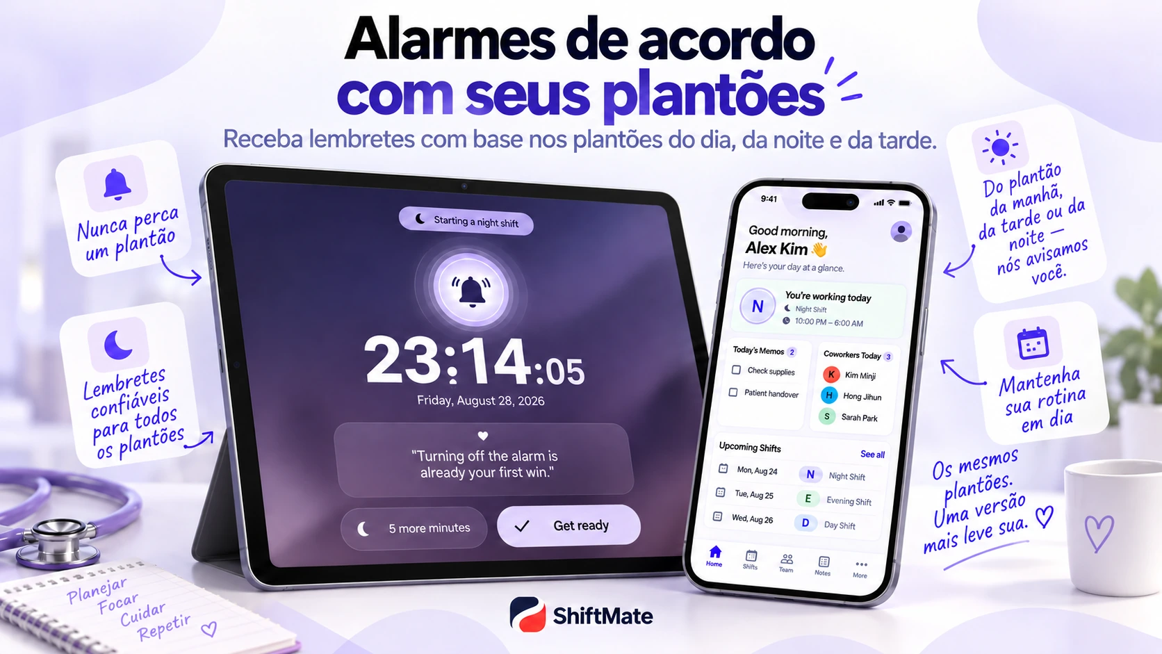 Imagem promocional do ShiftMate com alarme e plantão do dia