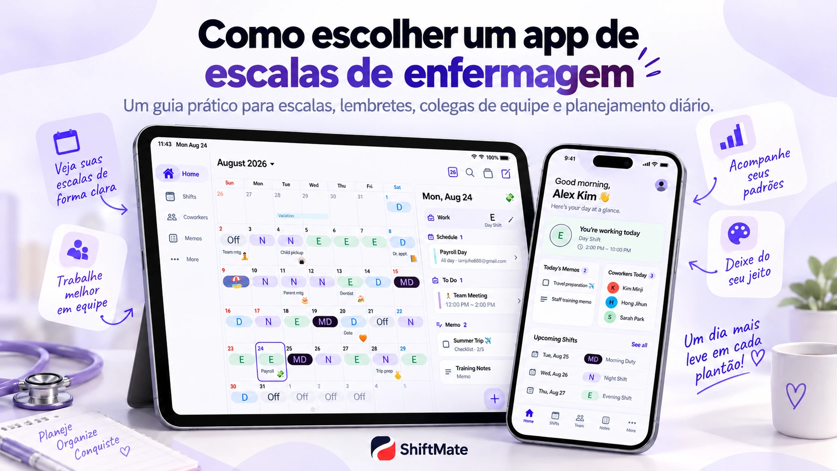 Imagem promocional do ShiftMate com calendário mensal de plantões e compromissos