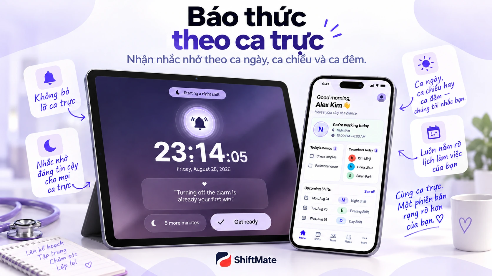 Hình giới thiệu báo thức và ca hôm nay trong ShiftMate