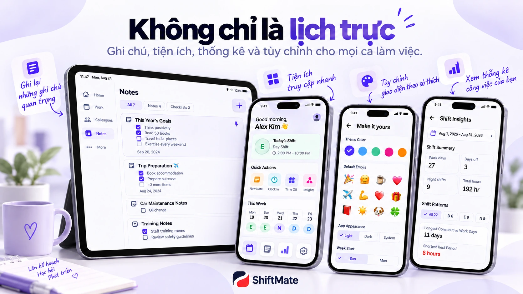 Ghi chú, cá nhân hóa và thống kê ca trực của ShiftMate