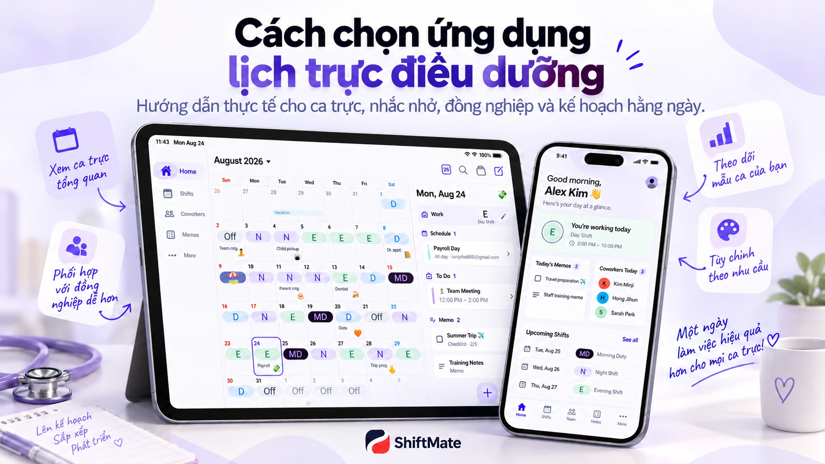 Hình giới thiệu ShiftMate với lịch tháng gồm ca trực và lịch cá nhân