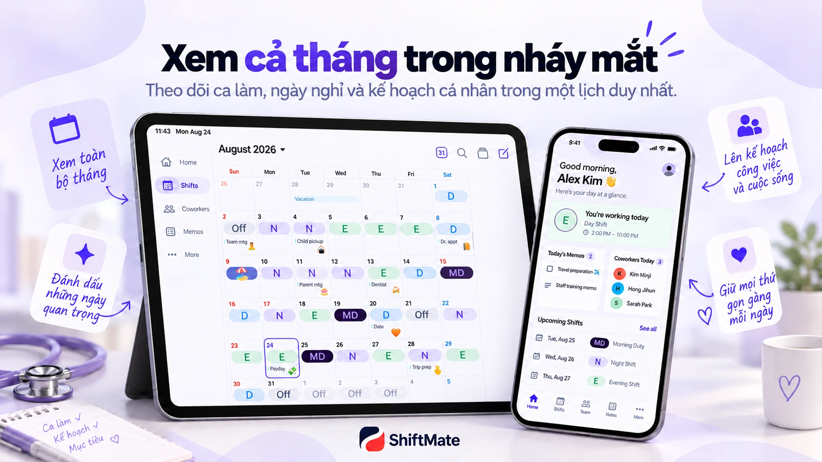 Lịch tháng hiển thị Day, Evening, Night, Off và lịch cá nhân