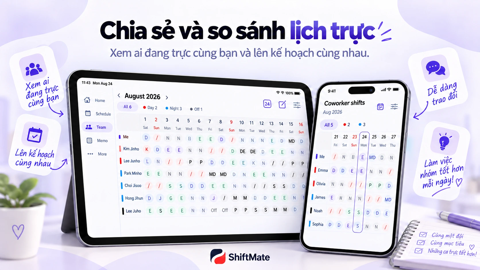 Hình ShiftMate so sánh lịch trực của đồng nghiệp