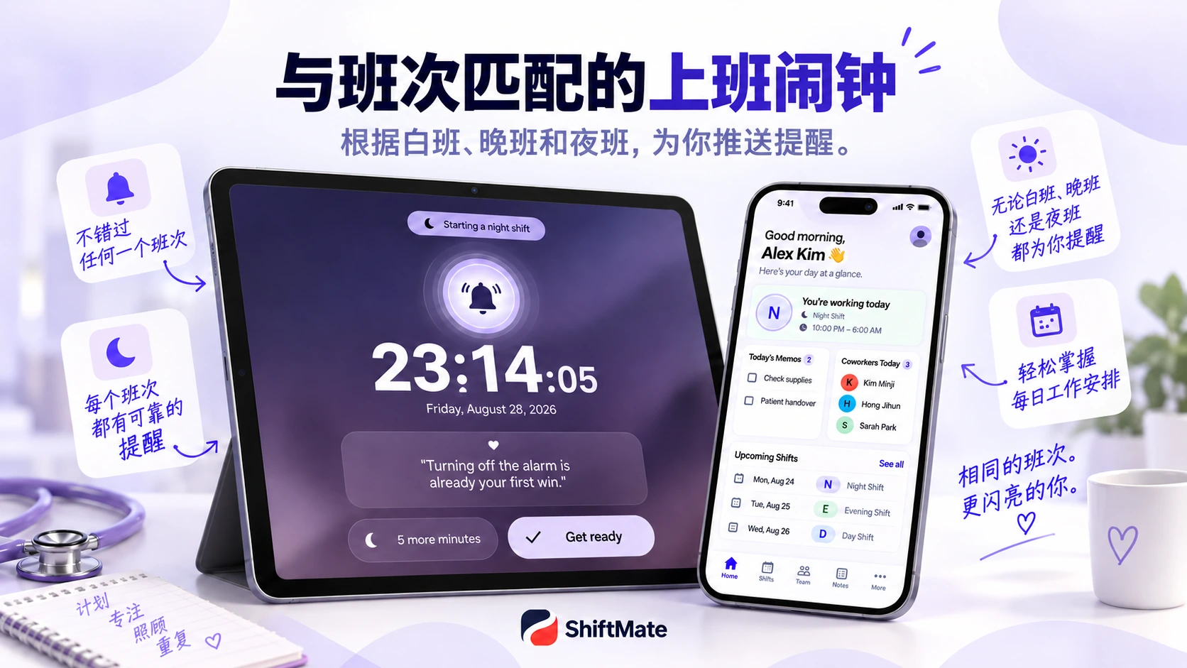 介绍班次闹钟与今日班次的ShiftMate宣传图