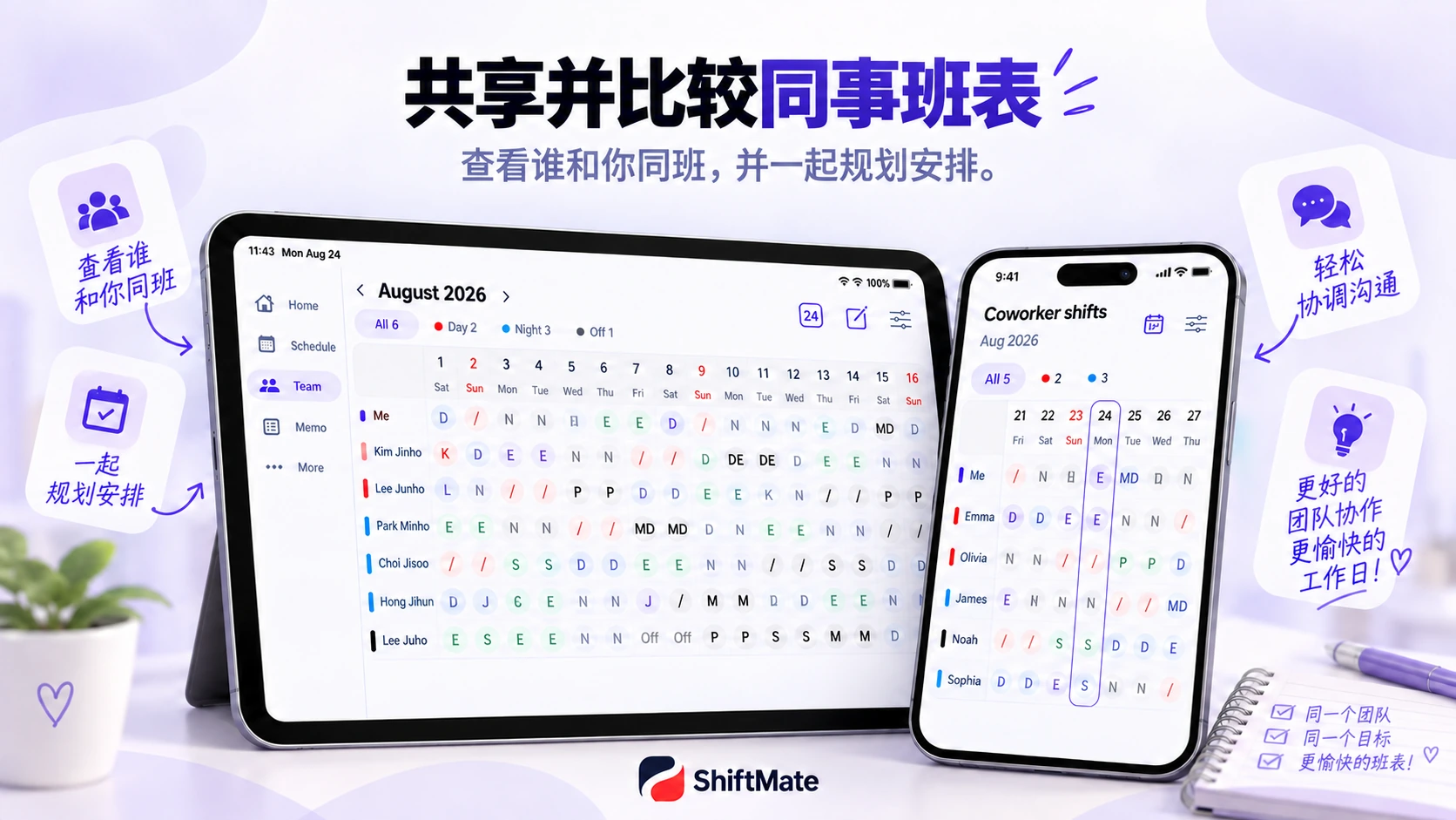 展示同事排班对比的ShiftMate宣传图
