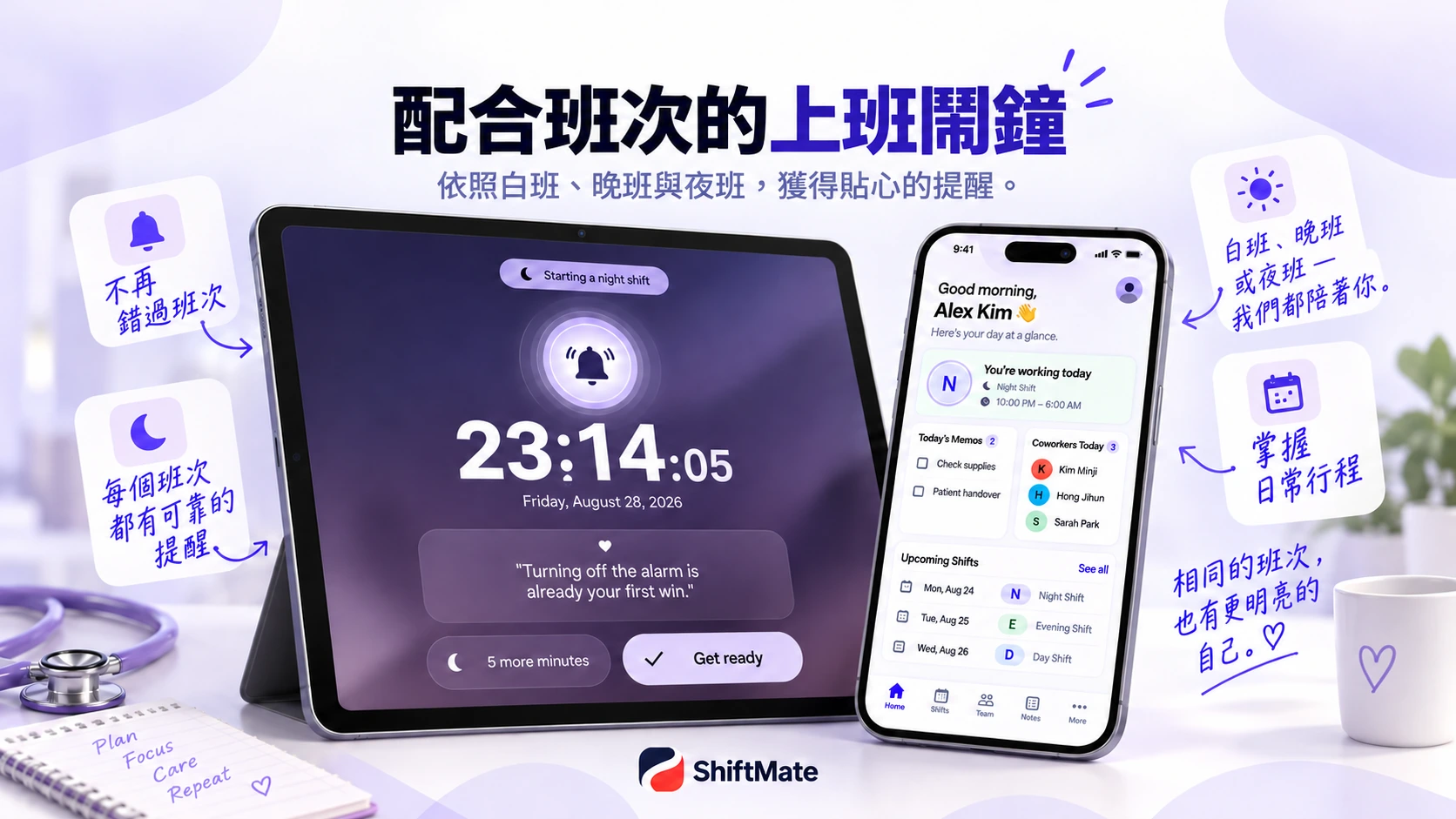 介紹班次鬧鐘與今日班別的ShiftMate宣傳圖