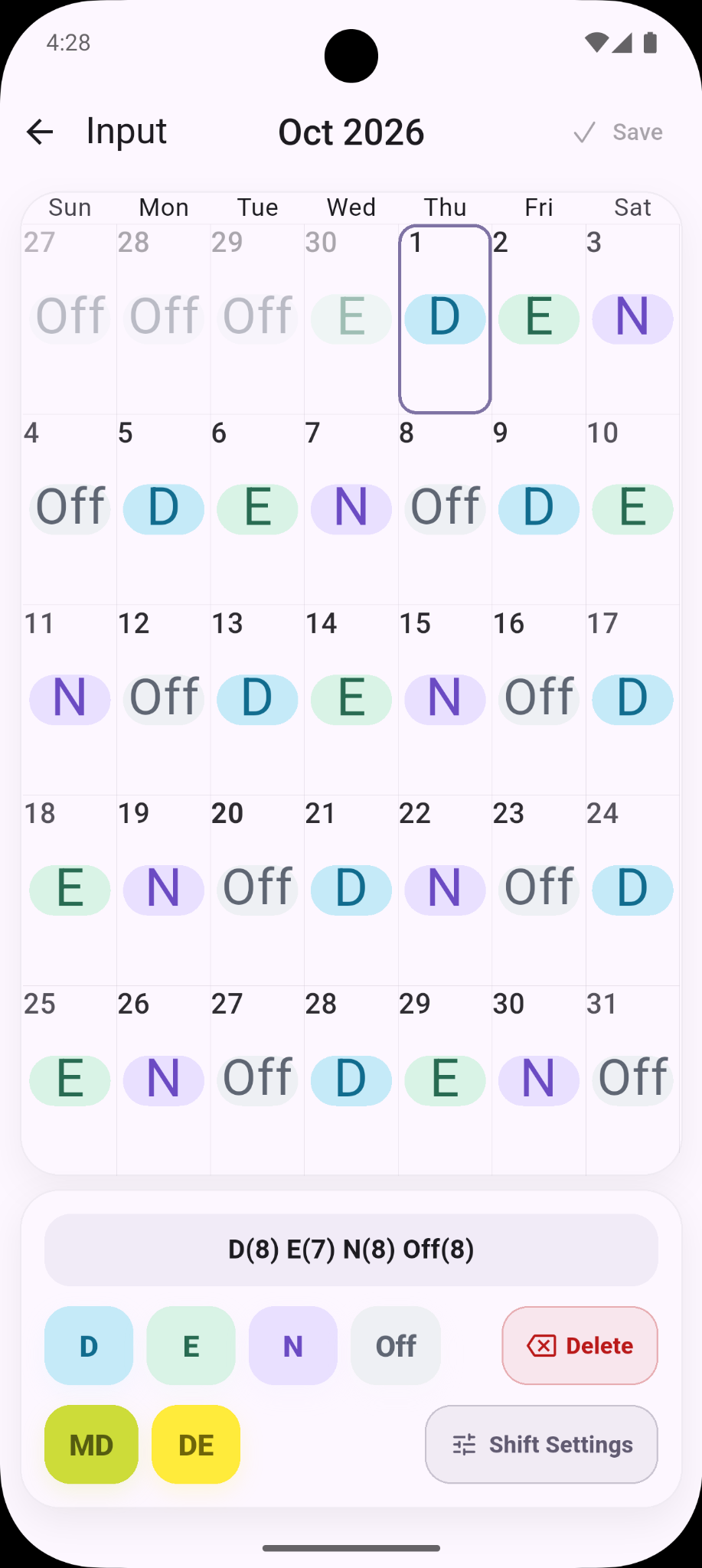 Tela de entrada em inglês do ShiftMate com D E N Off e ajustes de plantão