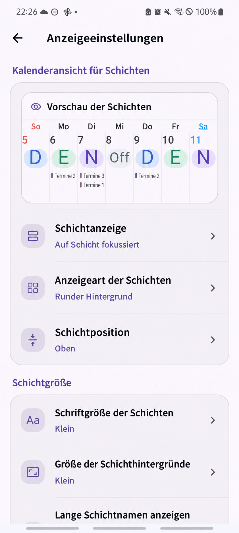 ShiftMate – Kalender anpassen — Originalansicht mit übersetzten Texten