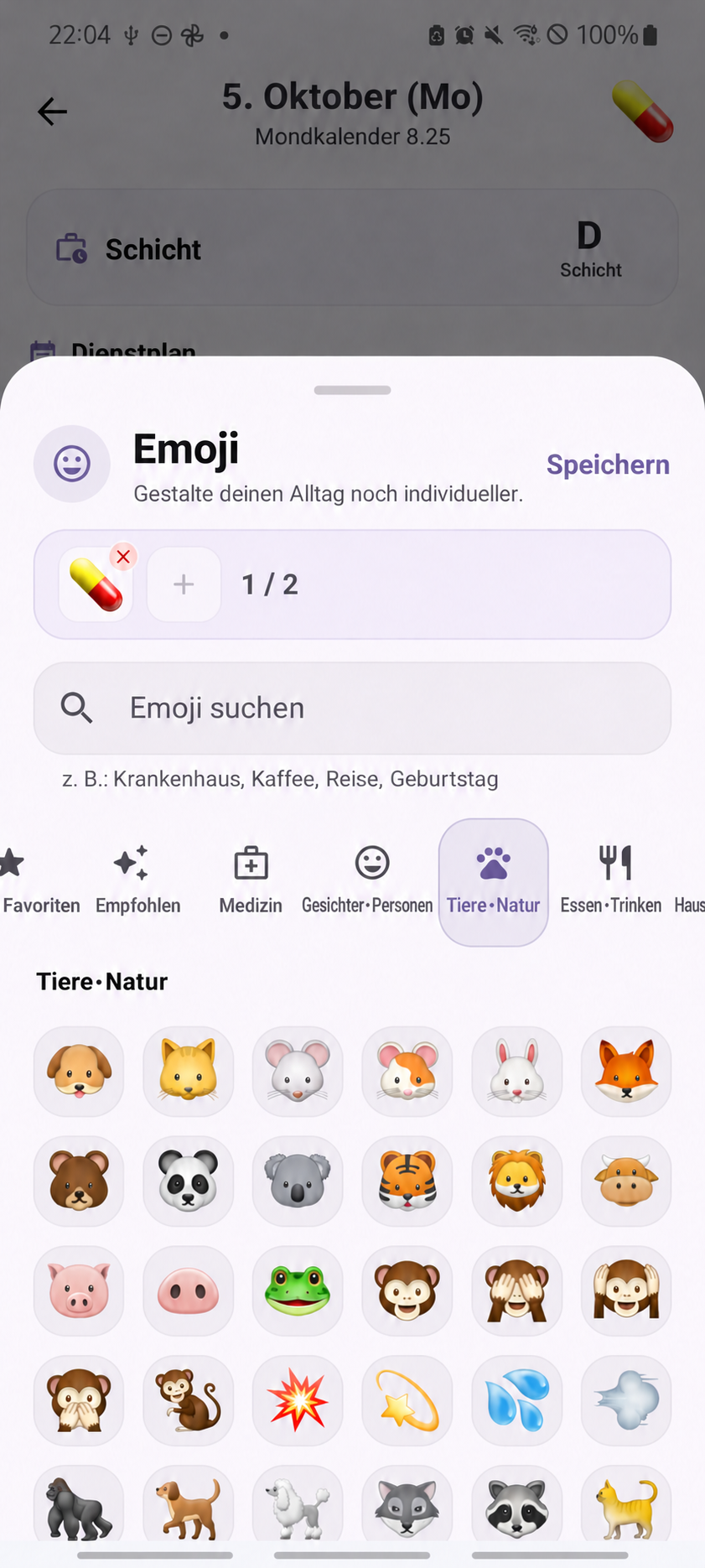 ShiftMate – Emojis im Kalender — Originalansicht mit übersetzten Texten
