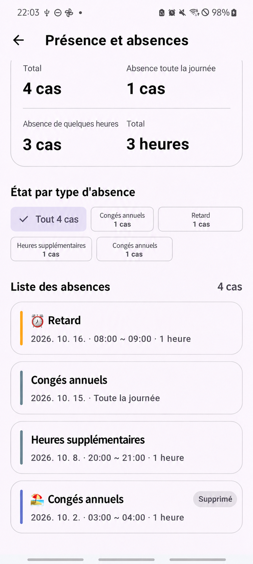 ShiftMate – Présence et absences — Écran original avec textes traduits